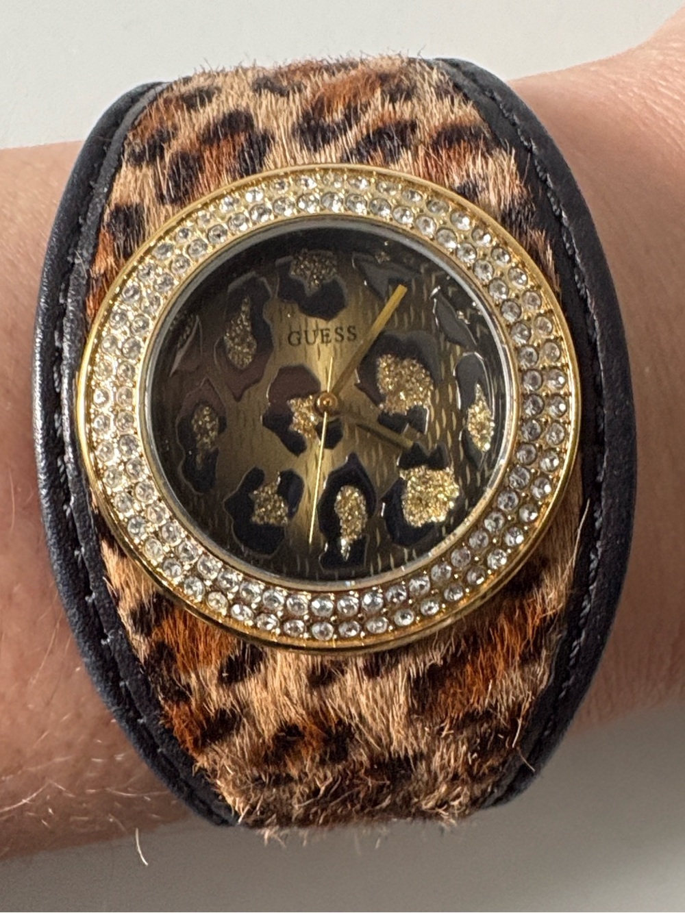 Guess Leopard Print Cuff Watch with Crystal Bezel